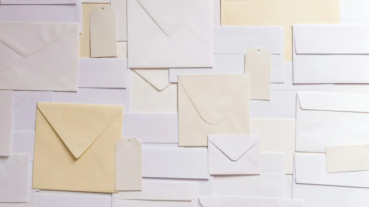 A flat spread of overlapping blank envelopes